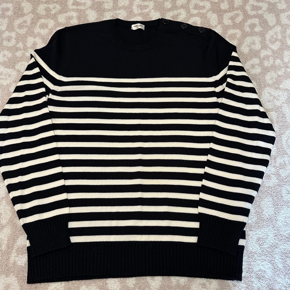 Saint Laurent Paris Striped Virgin Wool Button Shoulder Sweater XL Black Cream